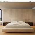 Modern White Double Bed With Headboard Nightstands Lamps Wooden Walls Large Windows City Water View