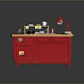 Red Functional Desk with Drawers Red Lamp Laptop Books Cup and Folders for Study