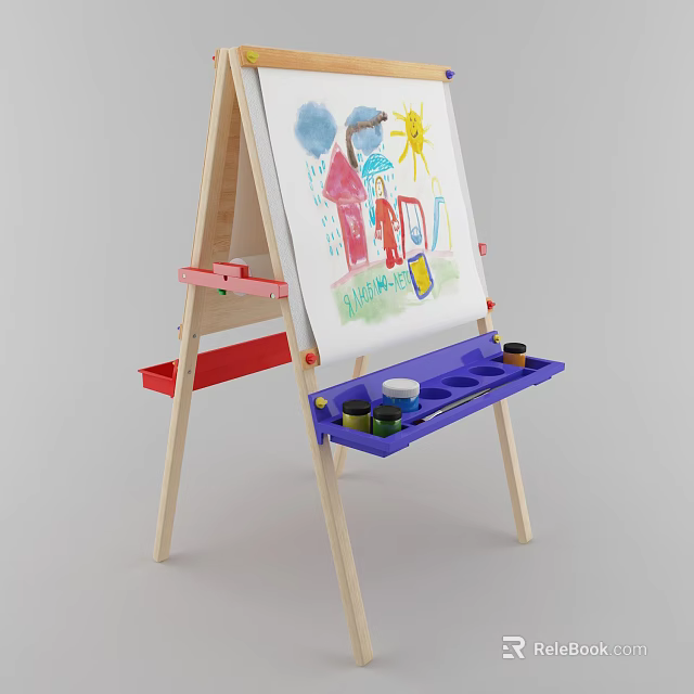 Kids Wooden Easel With Colorful Paints Brushes And Drawing Paper Art Supplies 3d model 
