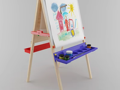Kids Wooden Easel With Colorful Paints Brushes And Drawing Paper Art Supplies 3d model