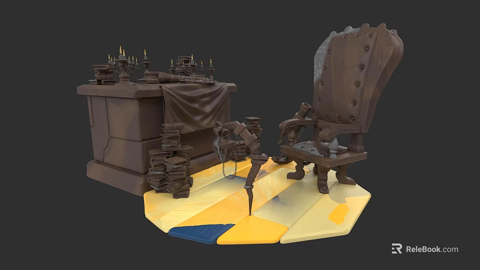 Vintage Indoor With Dark Wooden Desk Button Tufted Chair Candles And Machinery On Geometric Base 3d model 