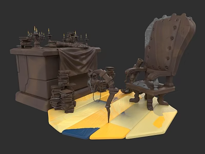 Vintage Indoor With Dark Wooden Desk Button Tufted Chair Candles And Machinery On Geometric Base 3d model