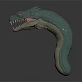 3D Model Mythical Creature with Green Scales Red Eyes Open Mouth Sharp Fangs Curved Body