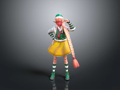Anime Character Design With Green Hat Pink Braid Hair Yellow Skirt And Striped Socks 3d model