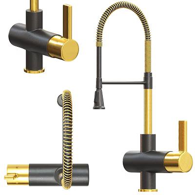 Modern Black And Gold Water Faucets Featuring Flexible Hose And Rotatable Spout Design 3d model