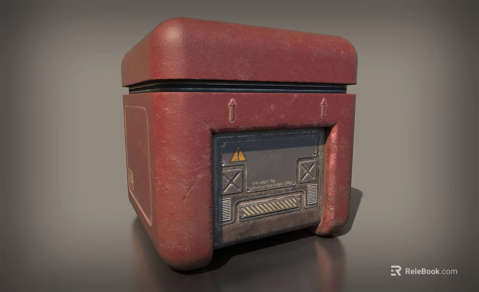 Red Distressed Box With Front Panel Warning Symbol And Upward Arrows 3d model