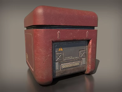 Red Distressed Box With Front Panel Warning Symbol And Upward Arrows 3d model