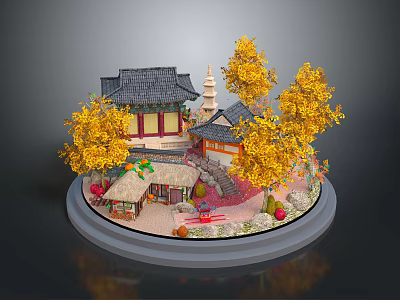 Traditional Asian Architectural Scene Model With Pagoda Golden Trees And Circular Base 3d model