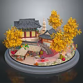 Traditional Asian Architectural Scene Model With Pagoda Golden Trees And Circular Base