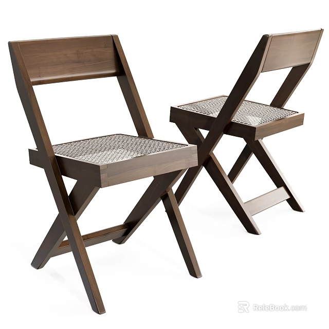 Two Piece Wooden Frame Leisure Chairs With Cross Leg Design And Rattan Seats 3d model 