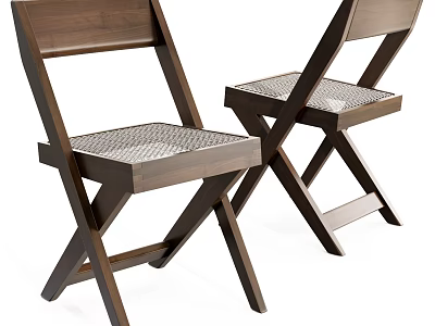 Two Piece Wooden Frame Leisure Chairs With Cross Leg Design And Rattan Seats 3d model