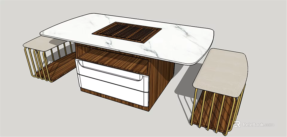 Modern Tea Table Set with White Marble Top Wooden Drawer and Gold Frame Stool 3d model 