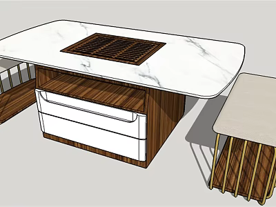 Modern Tea Table Set with White Marble Top Wooden Drawer and Gold Frame Stool 3d model