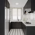Modern Kitchen Interior With Dark Cabinets White Countertop Gold Hardware Marble Backsplash And Star Floor