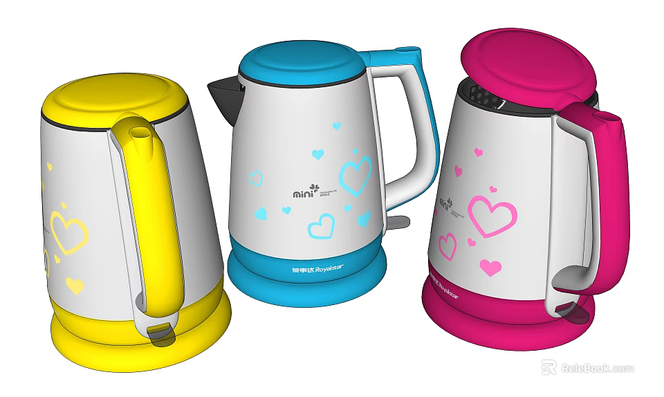 Yellow Blue Pink Electric Kettles With Heart Patterns For Daily Home Use 3d model 