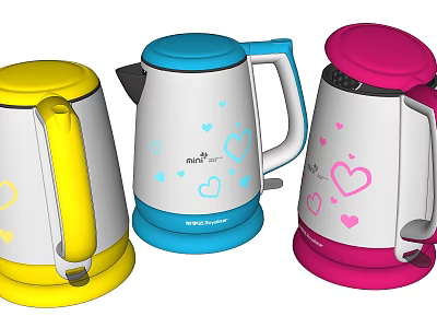 Yellow Blue Pink Electric Kettles With Heart Patterns For Daily Home Use 3d model