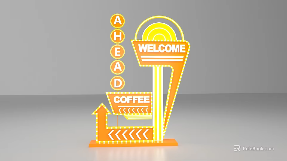Popular Photo Spot With Retro Neon Sign Welcome Lettering Coffee Direction And Arrow Decorations 3d model 