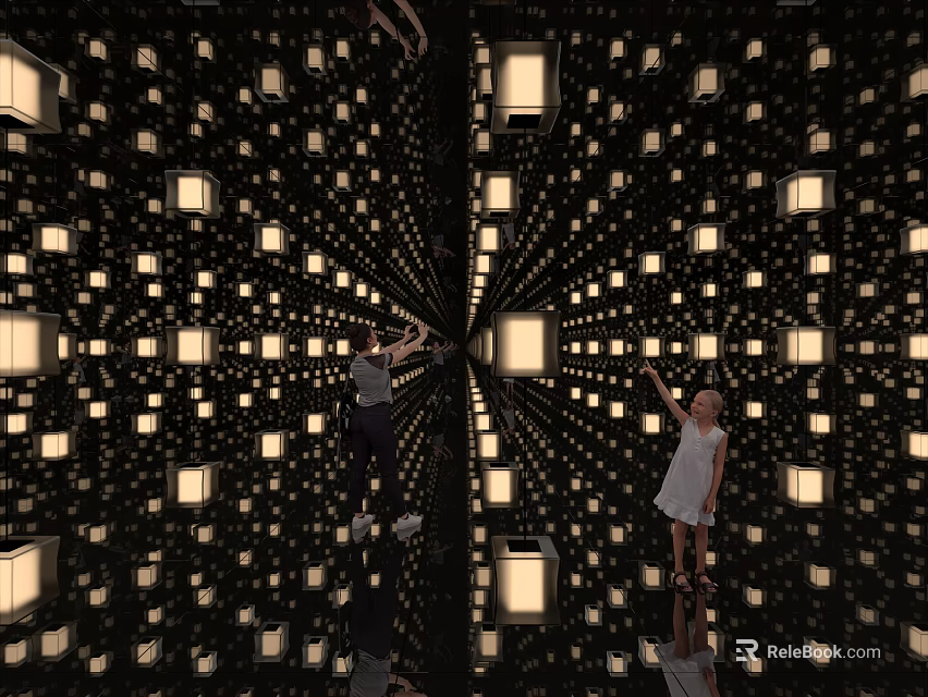 Art Installation With Illuminated Cubes Mirrored Reflections And People Interacting In Immersive Space 3d model