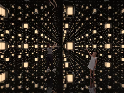 Art Installation With Illuminated Cubes Mirrored Reflections And People Interacting In Immersive Space 3d model