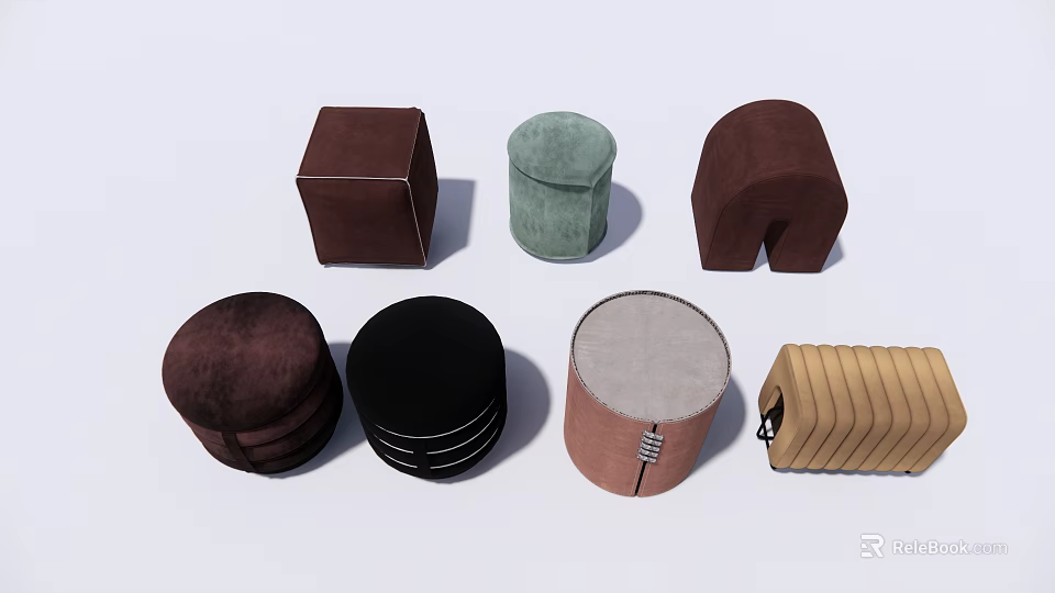 Different Shaped and Colored Ottomans with Various Designs for Home Use 3d model