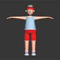 3D Character in Blue Vest and Red Shorts with Arms Outstretched on Dark Background