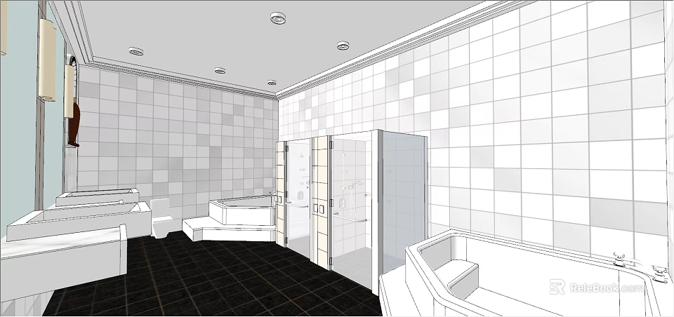 Elegant Hotel Bathroom Interior With White Gray Tiled Walls Shower Enclosure And Bathtub Vanity 3d model 