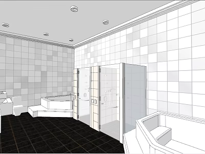 Elegant Hotel Bathroom Interior With White Gray Tiled Walls Shower Enclosure And Bathtub Vanity 3d model