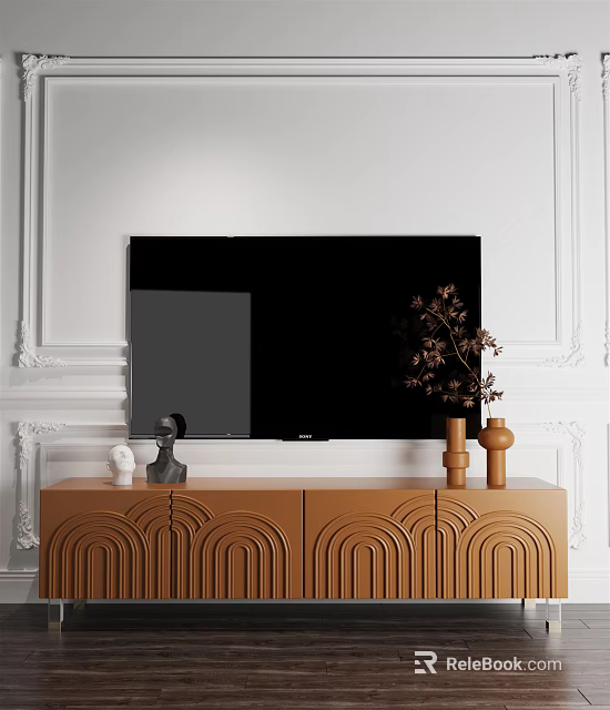 Curved Design TV Stand With Decorative Sculptures Dried Flowers Vase And Wall Mounted TV 3d model 