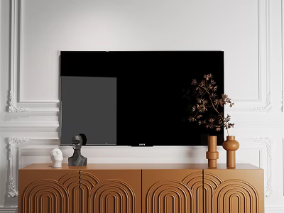 Curved Design TV Stand With Decorative Sculptures Dried Flowers Vase And Wall Mounted TV 3d model