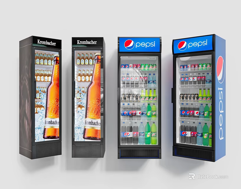 Commercial Beverage Refrigerators with Budweiser Pepsi Logos and Bottled Drinks 3d model 