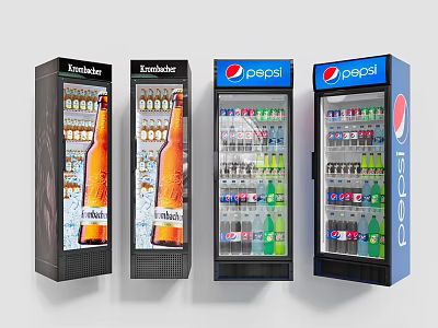 Commercial Beverage Refrigerators with Budweiser Pepsi Logos and Bottled Drinks 3d model