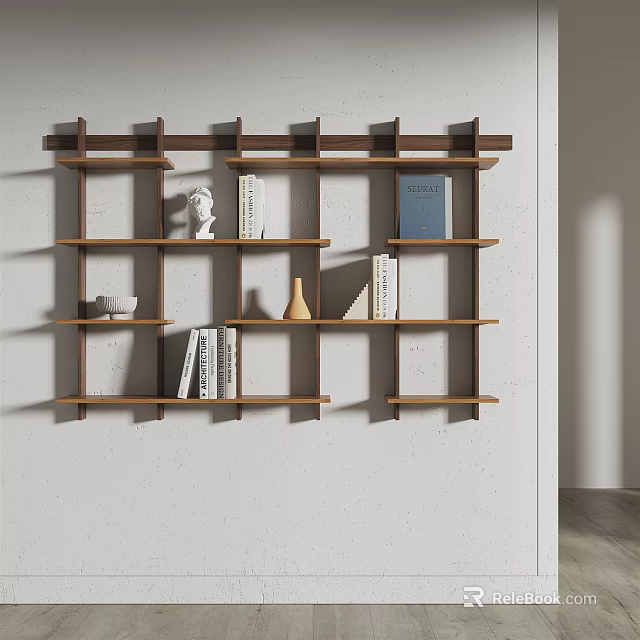 Wooden Wall Shelves With Books And Decorative Items On White Interior Wall 3d model 