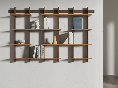 Wooden Wall Shelves With Books And Decorative Items On White Interior Wall 3d model