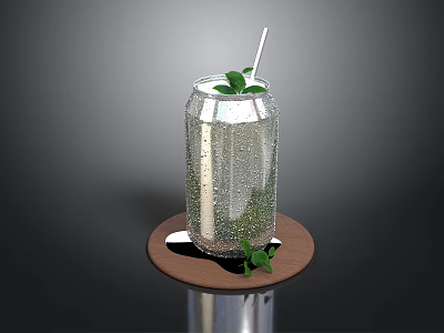Refreshing Silver Can Drink With Ice Cubes Mint Leaves And Straw On Brown Tray 3d model