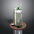 Refreshing Silver Can Drink With Ice Cubes Mint Leaves And Straw On Brown Tray