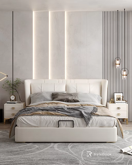 Modern Bedroom Double Bed with White Leather Headboard Bedside Tables and Vertical Light Strips 3d model 