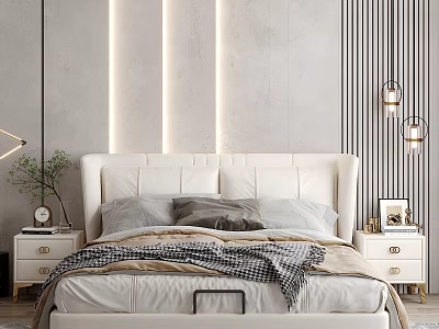 Modern Bedroom Double Bed with White Leather Headboard Bedside Tables and Vertical Light Strips 3d model