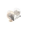 Round Golden Frame Hanging Chair With White Cushions And Gray Blanket