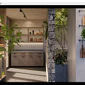 Modern Restaurant Interior With Natural Plants Stone Wall And Wooden Shelves