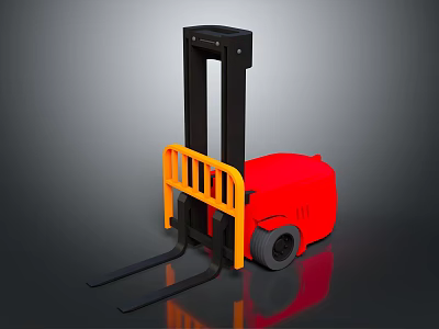 Red Industrial Forklift With Yellow Guardrail Black Mast And Forks On Reflective Surface 3d model