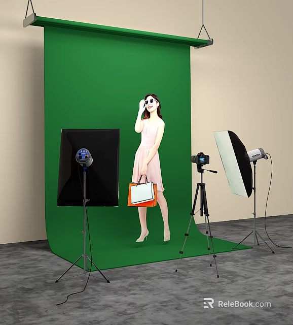 Commercial Photography Equipment Setup With Softbox Camera Tripod And Green Backdrop 3d model 