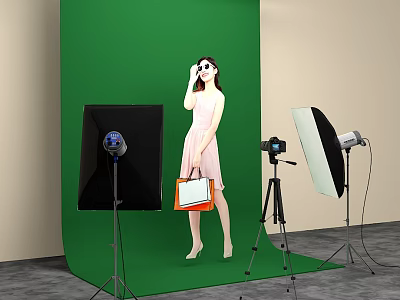 Commercial Photography Equipment Setup With Softbox Camera Tripod And Green Backdrop 3d model