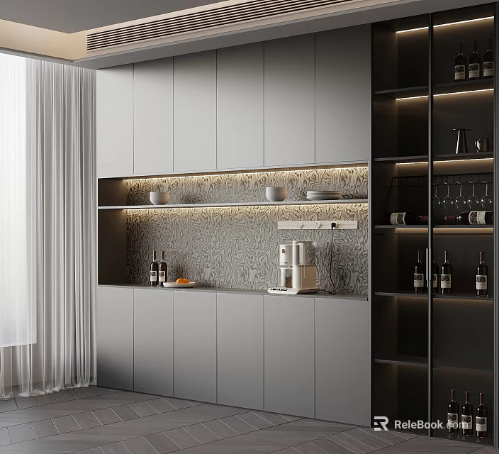 Modern Gray Sideboard With Built-in Design LED Lighting Decorative Bowls Coffee Machine And Wine Rack 3d model 