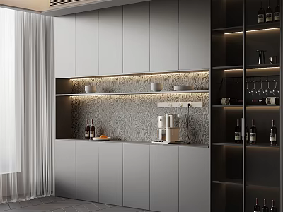 Modern Gray Sideboard With Built-in Design LED Lighting Decorative Bowls Coffee Machine And Wine Rack 3d model