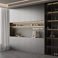 Modern Gray Sideboard With Built-in Design LED Lighting Decorative Bowls Coffee Machine And Wine Rack