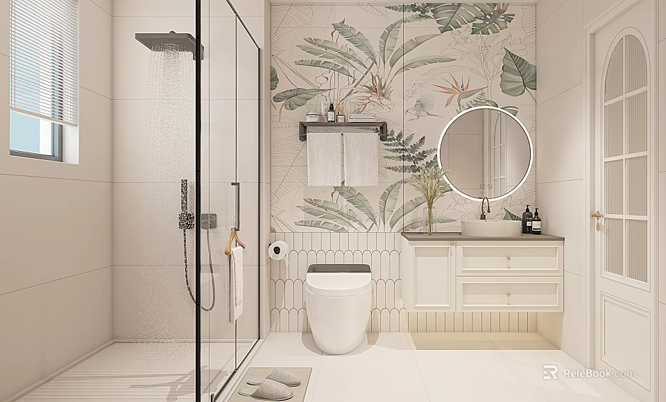 Modern Bathroom Interior With Tropical Leaf Wallpaper Round Mirror Glass Shower And White Vanity 3d model 