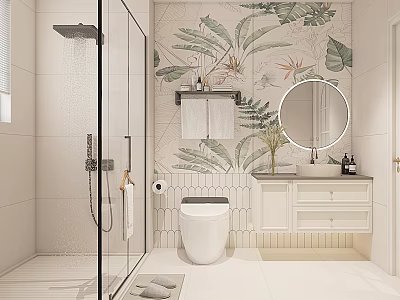 Modern Bathroom Interior With Tropical Leaf Wallpaper Round Mirror Glass Shower And White Vanity 3d model