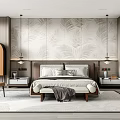 Modern Bedroom Interior With Palm Leaf Wallpaper Headboard Nightstands And Pendant Lights