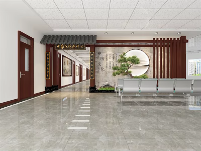 Traditional Chinese Medicine Hospital Lobby Interior With Wooden Screen Circular Decoration And Pine Tree 3d model