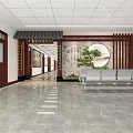 Traditional Chinese Medicine Hospital Lobby Interior With Wooden Screen Circular Decoration And Pine Tree